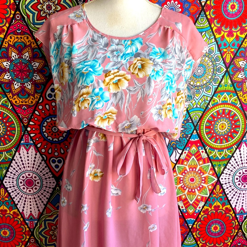 Vintage 1970s Dusty Rose Floral Print Dress Sz 10 - Picture 2 of 8